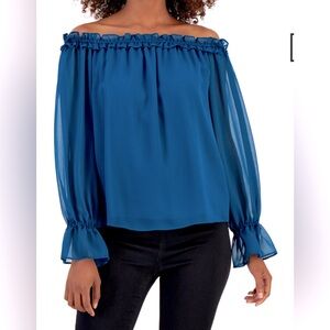 NWT - INC International Concept Longsleeve Chiffon Teal blouse for women Size S